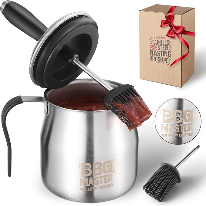 32 OUNCE BBQ Basting Pot with 2 Replaceable Brushes，Grilling Gifts for Men&Dad，Stainless Steel 304 Barbecue Sauce Pot Brush Set，Airtight Melting Pot Sauce Container，Birthday Gifts for HIm Dad Husband