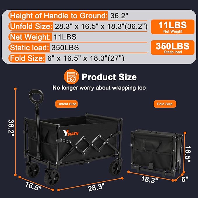 Collapsible Wagon Cart Foldable with 350lbs Weight Capacity, Lightweight Utility Shopping Cart with Wheels, Folding Grocery Wagon Carts Portable for Beach Garden Sports and Camping, Black