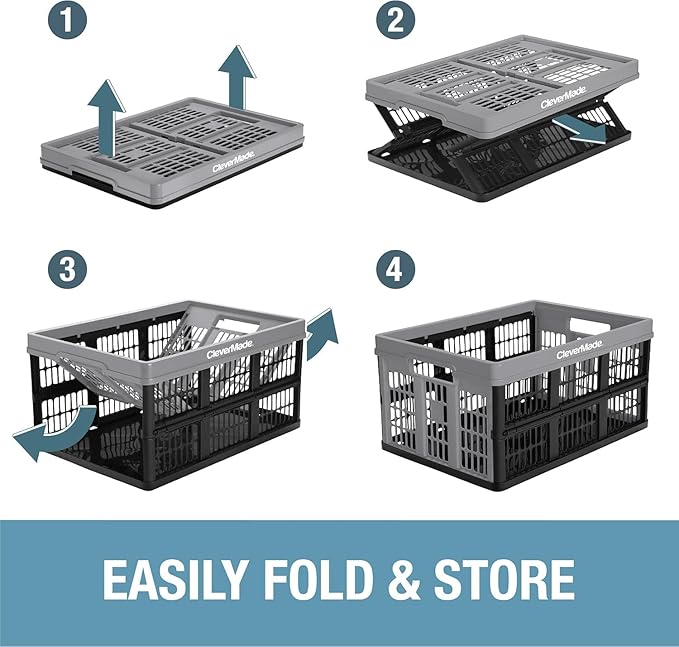 CleverMade Collapsible Utility Crates-Obsidian 3pck 45L / 11 Gal holds 66 lbs - Stackable Containers Heavy Duty Capacity Crates Space-Saving Baskets