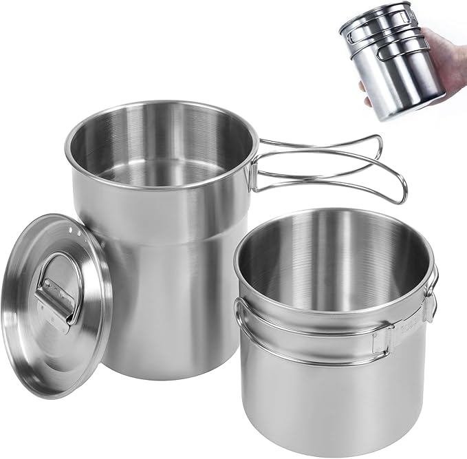 Foldable Camping Cups Mugs Camping Pot Cookware 304-Food-Grade Outdoor Camp Cooking Set with Vented lid,Stainless Steel Backpacking Cookware for Hunting