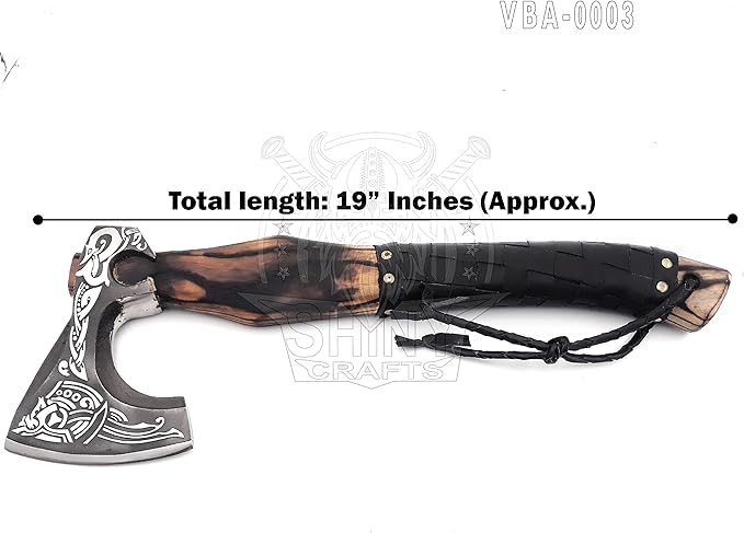 SHINY CRAFTS-Viking Axe Bearded Axe Tomahawk Birthday Gifts-Valhalla Axe, Carbon Steel Viking Axe Head, Engraved Handle, Wolf Camp Axe, Genuine Leather Sheath & Wrap (VBA 03)