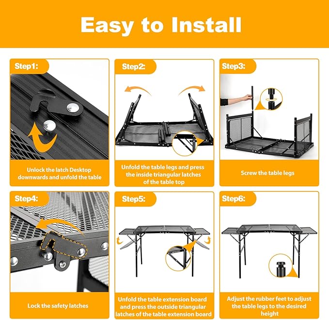 Grill Table 3FT+1.4 FT Folding Table with 2 Wing Panels with Mesh Desktop 2 Height Adjustable Portable Grill for Outdoor Indoor Beach BBQ Picnic Travel RV Black