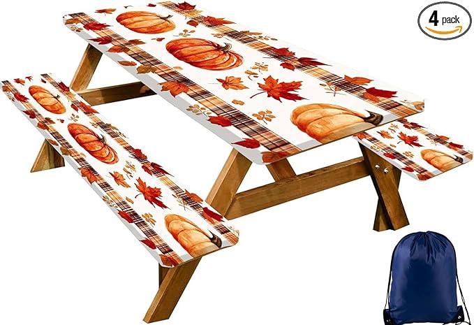 CAPSCEOLL Fitted Picnic Table Cover with Bench Covers with Elastic 8Ft Waterproof Picnic Table Cloths Windproof Outdoor Camping Tablecloth with Drawstring Bag, 96X30in, Pumpkins Leaf