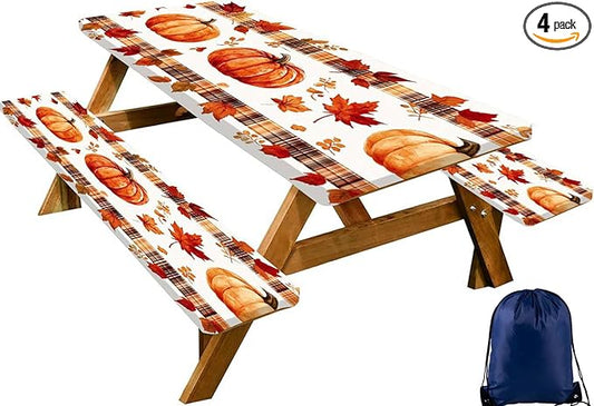 CAPSCEOLL Fitted Picnic Table Cover with Bench Covers with Elastic 8Ft Waterproof Picnic Table Cloths Windproof Outdoor Camping Tablecloth with Drawstring Bag, 96X30in, Pumpkins Leaf
