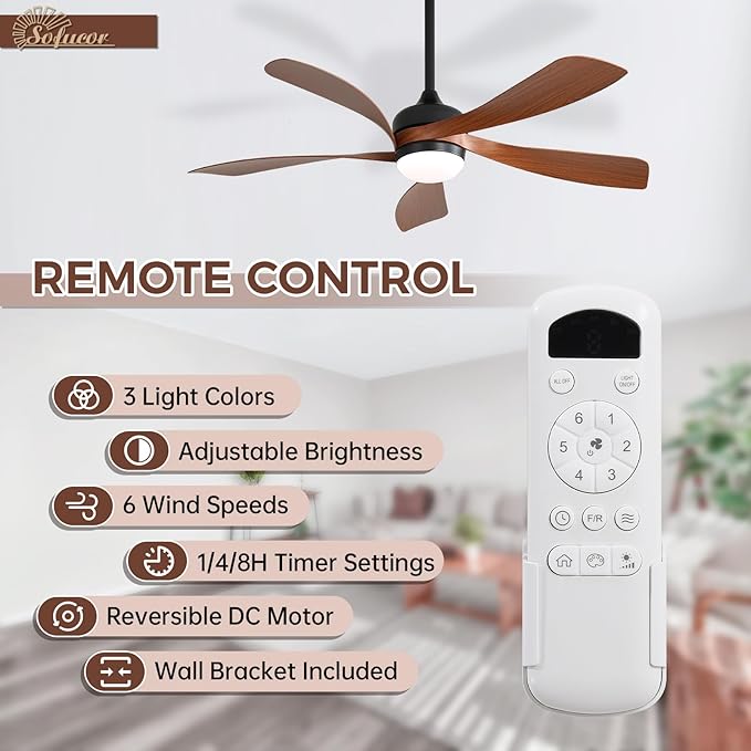 Sofucor 52 Inch Ceiling Fans with Lights and Remote, Outdoor Ceiling Fan with Light 6-Speed 3 CCT 3-Timer, Low Profile Ceiling Fan 5 Blade Reversible DC Motor for Living Room Bedroom Patio