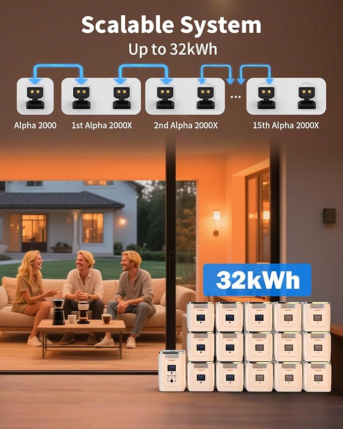 Alpha 2000 Portable Power Station 2000W,Solar Generator 2048Wh Expandable to 32768Wh,APP WIFI Remote Control 10 ms UPS LiFePO4 Backup Battery E-Turbo 3600W,1.3Hrs Fast Charging for Outdoor,RVs