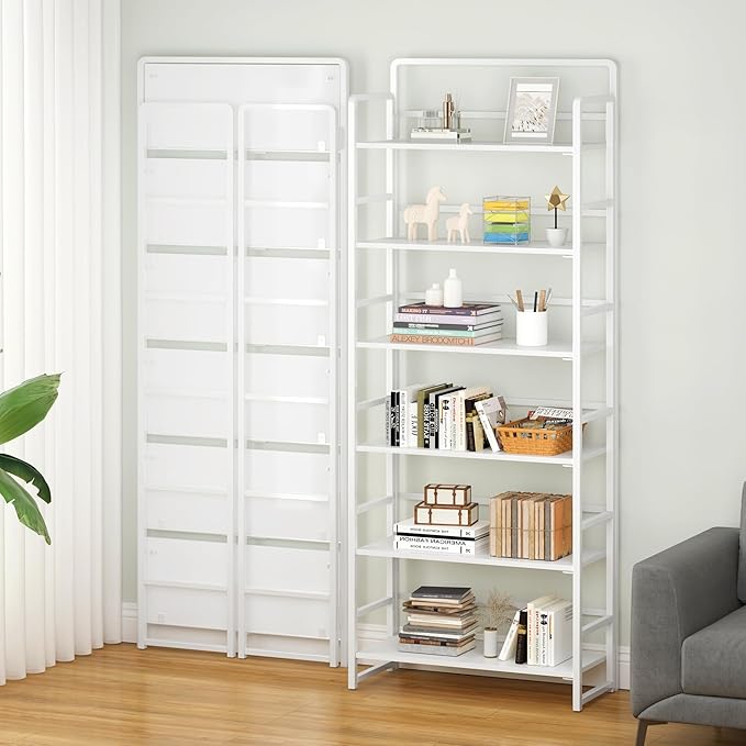 4NM No-Assembly 6 Tiers Folding Bookshelf Storage Shelves Vintage Bookcase Standing Racks Study Organizer Home Office (All White)