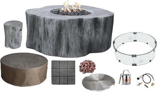 Elementi | Bundle Manchester Gas Fire Pit Cast Concrete Semi-Round Fire Table, Outdoor Fire Pit Electronic Ignition | Canvas Cover, Lava Rock Included | Classic Gray (Propane Gas)