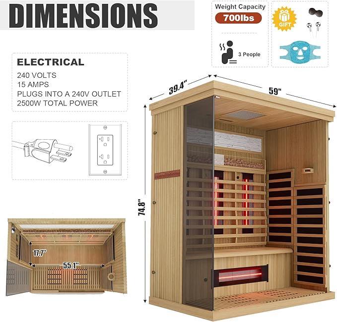 Full Spectrum Sauna for Home, 3 Person Indoor Infrared Spa Room with 10 Minutes Warm-up Heat, Canadian Hemlock Wood Home Sauna with Bluetooth and Tempered Glass