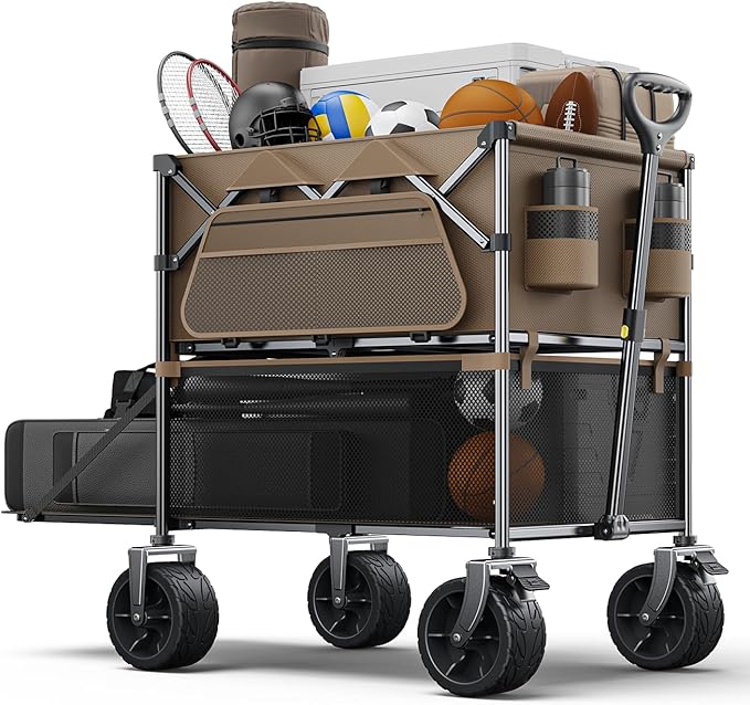 Foldable Wagon Cart,Everyfun 480Lbs Double Decker Wagon,Beach Carts with Big Wheels&Side Pocket&Dustbag,Large Capacity Folding Wagon for Shopping,Garden,Camping,Fish,New Wave Sports Wagon-Brown