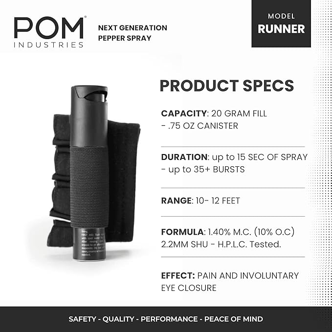 POM Pepper Spray Runner Model - Max Strength OC Spray - Athletic Stretch-Fit Glove, Breathable & Ambidextrous Design, Essential Runners Safety Gear, Flip Top, 35+ Bursts, 10-12 ft Range