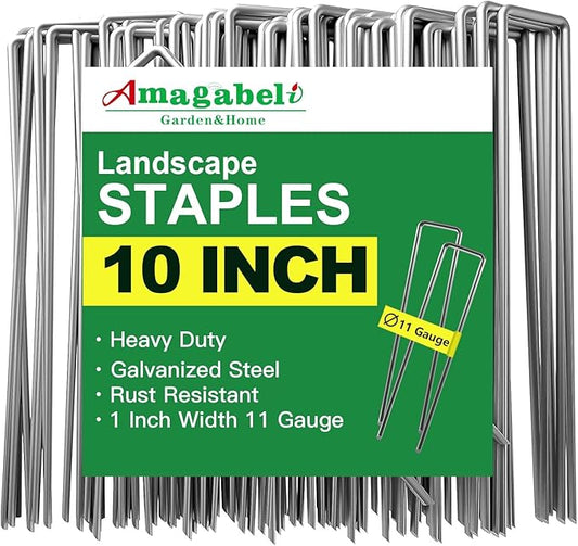 Amagabeli 10 Inch Galvanized Landscape Staples 300 Pack Garden Stakes Heavy-Duty Sod Pins Anti-Rust Fence Stakes for Weed Barrier Fabric Ground Cover Dripper Irrigation Tubing Soaker ET104