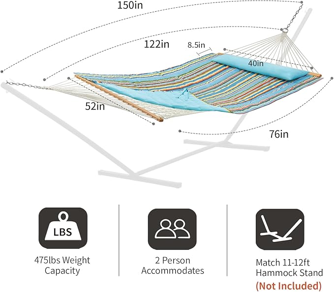 Outdoor Double Hammock with Hardwood Spreader Bars, Large Rope Hammock with Polyester Pad and Pillow, 475 LBS Capacity for 2 Person Patio Backyard Poolside - Bule Stripe