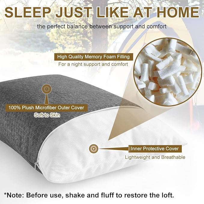 Ivellow Memory Foam Travel Pillow Compressible Camping Pillow for Sleeping Shredded Memory Foam Pillow Compact Firm Supportive Travel Pillow for Adults Kids Outdoor Backpacking Hiking Essential Gear-L