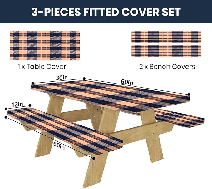 CAPSCEOLL Elastic Picnic Table Cover with Bench Covers 5Ft Waterproof Fitted Picnic Table Cover Cloths for Outdoors Camping Tablecloth with Drawstring Bag, 60X30in, Autumn Plaid