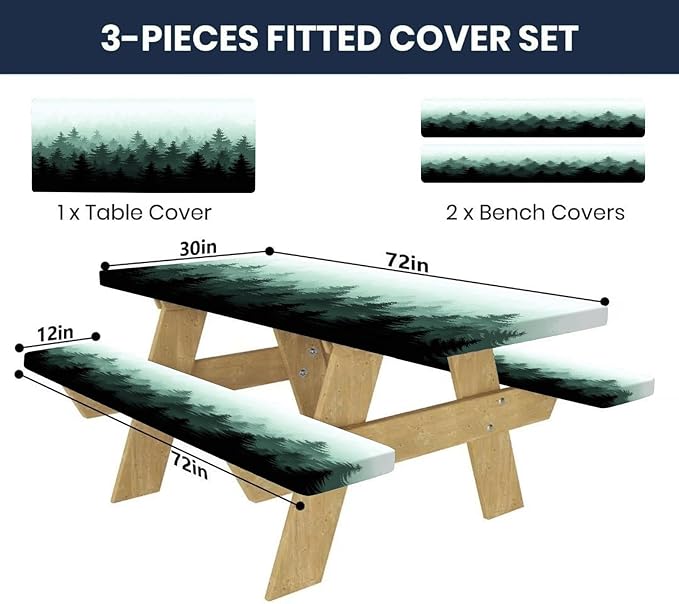 CAPSCEOLL Fitted Picnic Table Cover with Bench Covers with Elastic 6Ft Waterproof Camping Picnic Table Cover Cloths for Outdoors Camping Tablecloth with Drawstring Bag, 72X30in, Green Forest