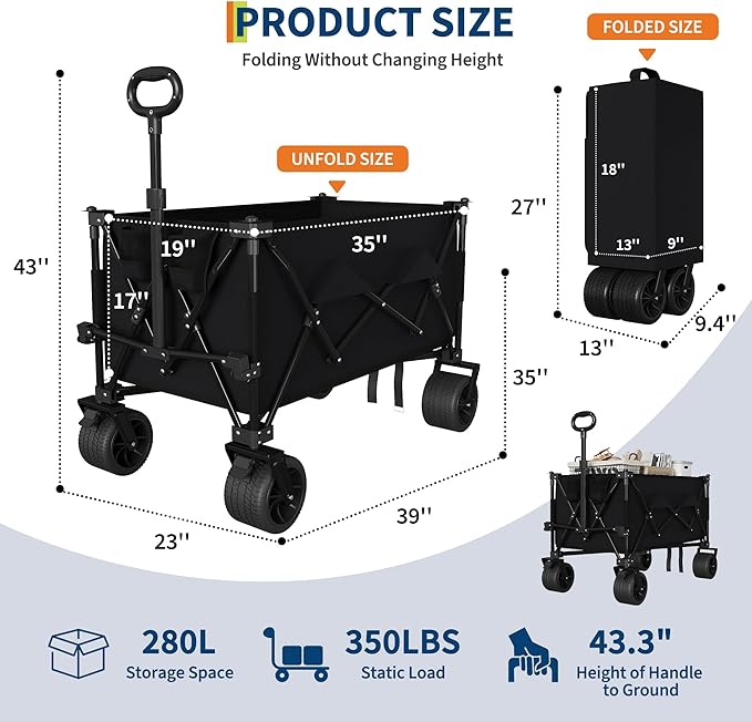 Heavy Duty Foldable Wagon for Beach, Extra Large Collapsible Foldable Wagon for Camping, All Terrain Beach Wagons Extended with Cup Holders for Sand