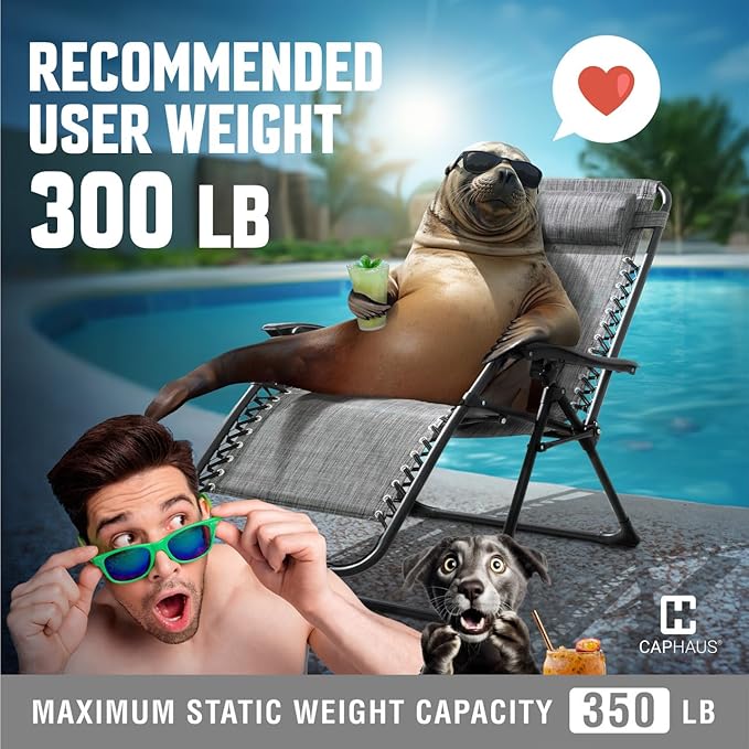 CAPHAUS Set of 2 Grey Zero Gravity Chair, Zero Gravity Recliner, Zero Gravity Lounge Chair, Anti-Gravity Chair for Indoor & Outdoor, Folding Reclining Chair w/Side Tray, Adjustable Pillow, Grey