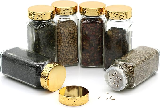6pcs Gold Spice Jars, 4 oz Glass Seasoning Bottles, Spices Container, Empty Spice Jars, Square Spice Bottles with Airtight Plastic Caps with Shaker Lids