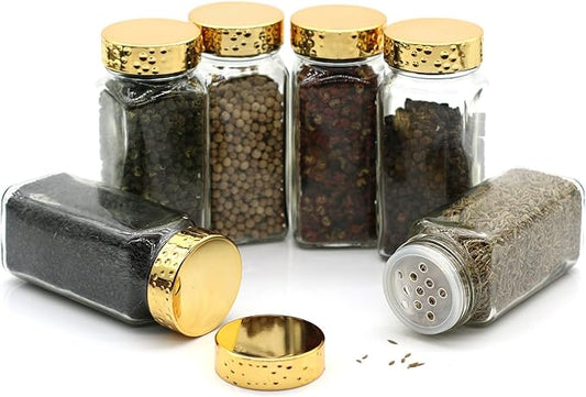6pcs Gold Spice Jars, 4 oz Glass Seasoning Bottles, Spices Container, Empty Spice Jars, Square Spice Bottles with Airtight Plastic Caps with Shaker Lids