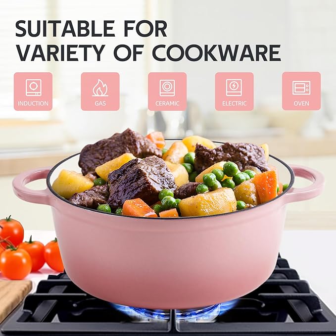 3 Quart Dutch Oven Enameled Cast Iron with Lid - Big Dual Handles - Oven Safe up to 500°F - Classic Round Pot for Versatile Cooking Pink