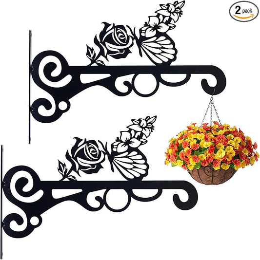 hogardeck Plant Hangers Outdoor Decor, 2 PCS 10??Metal Hanging Plant Bracket with Buttterfly and Flower for Garden Patio Yard Decor, Plant Hooks for Hanging Plants, Bird Feeder, Wind Chime, Lantern