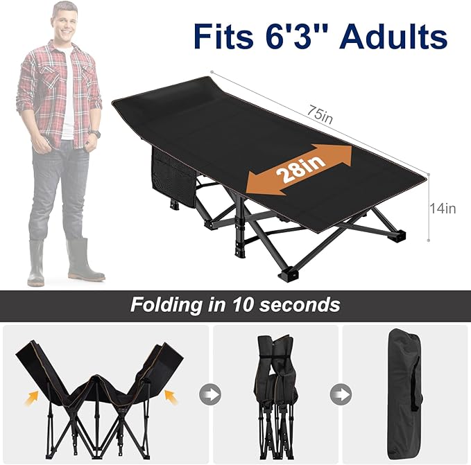 ABORON 2 Pack Folding Camping Cot W/Mat for Adults, Heavy Duty Outdoor Bed with Carry Bag,1200 D Layer Oxford Travel Camp Cots