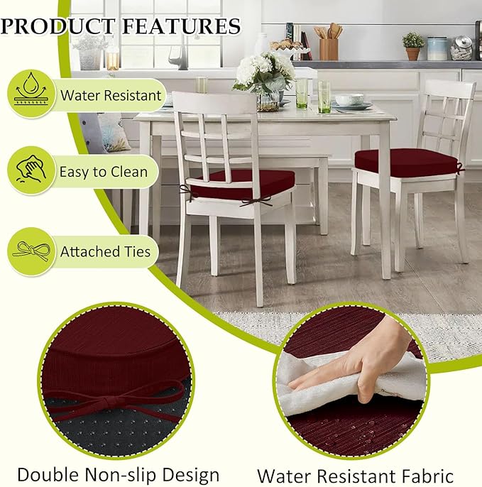 Chair Cushions for Dining Chairs, Indoor Chair Cushions with Ties，Waterproof Chair Pads Set of 6, Burgundy, 17x16x2.5 Inch