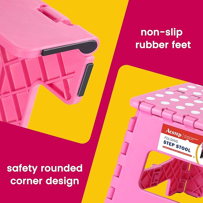 ACSTEP 9 Inch Folding Step Stool - The Lightweight Step Stool is Sturdy and Safe Enough. Opens Easy with One Flip. Great for Kitchen, Bathroom, Bedroom Pink