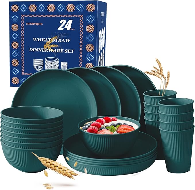 24pcs Wheat Straw Dinnerware Sets For 8, Unbreakable Plates and Bowls Wheat Straw Dinnerware Microwavable Cups Plates and Bowls Sets Shatterproof For Outdoor Kitchen Camping