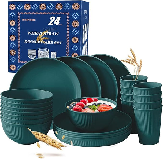 24pcs Wheat Straw Dinnerware Sets For 8, Unbreakable Plates and Bowls Wheat Straw Dinnerware Microwavable Cups Plates and Bowls Sets Shatterproof For Outdoor Kitchen Camping