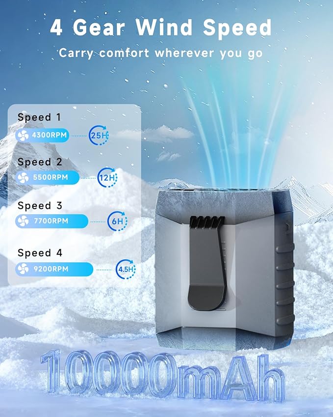 2025 Smart Portable Rechargeable Fan with LED Light & 25H Runtime, 4-Speed 9200RPM Turbo Cooling Personal Waist Fan, Wearable Neck & Belt Clip for Camping, Outdoor, Hiking - Grey