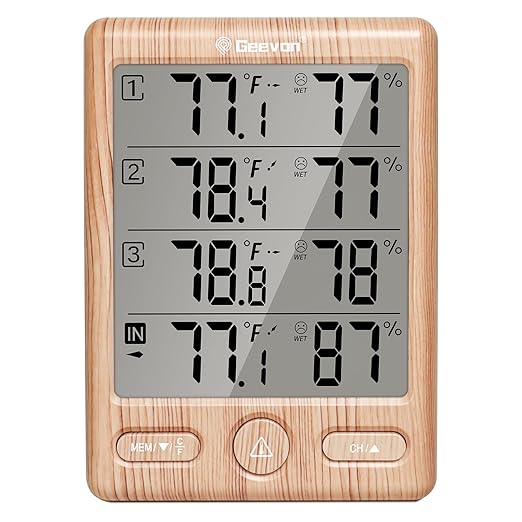 Geevon Indoor Outdoor Thermometer Wireless with 3 Remote Sensors, Digital Hygrometer Indoor Thermometer, Temperature Humidity Monitor Gauge with 200FT/60M Range (Wooden)