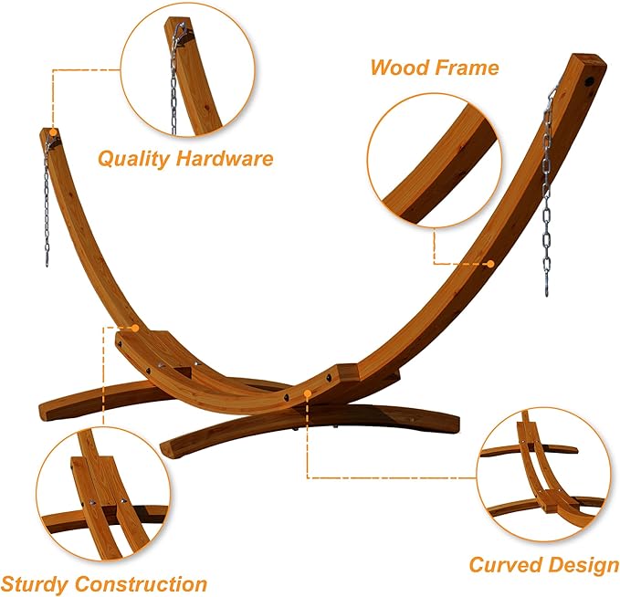 Lazy Daze Hammocks 12 FT Double Rope Hammock and 13 FT Brown Wooden Arc Stand, 2 Person Hand Woven Cotton Hammock with Spreader Bar for Outdoor Patio Poolside, 450 lb Capacity, Natural