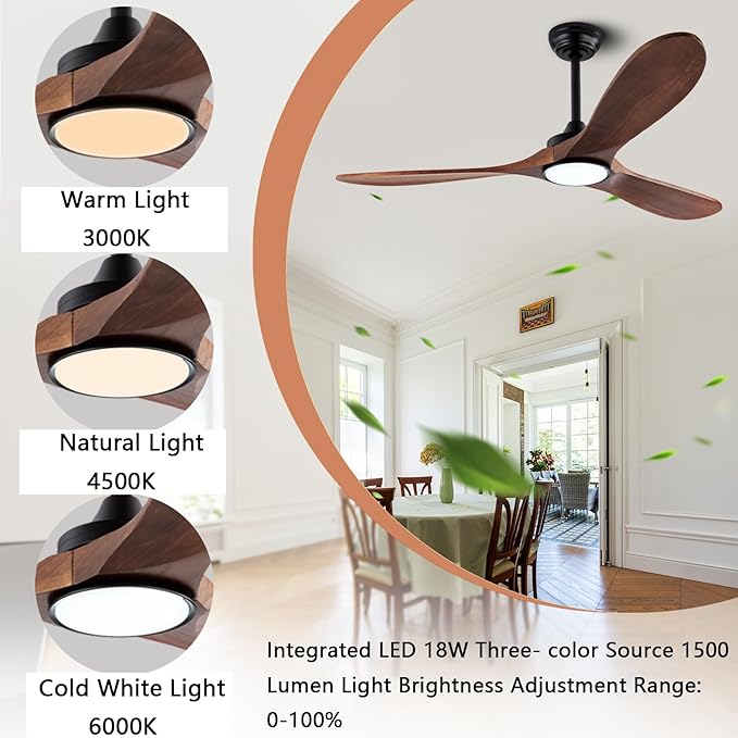 52" Wood Ceiling Fans with Lights and Remote Control,Indoor Outdoor 3 Blades Wooden Ceiling Fan for Garage,Patio,Living Rooms,Bedrooms,Offices,Farmhouse(Black+Dark Walnut)