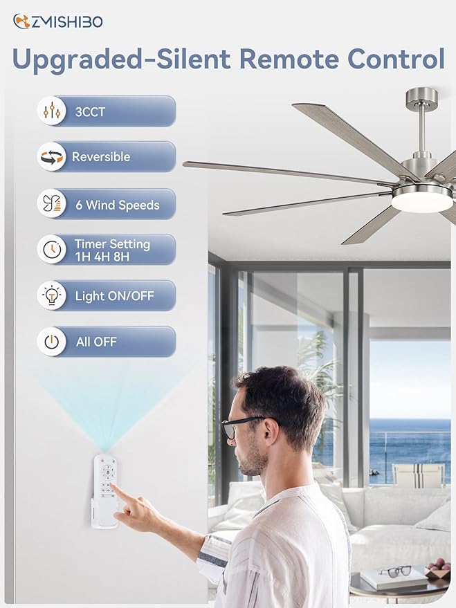 80 Inch Ceiling Fan with Light, Brushed Nickel Ceiling Fan with Large LED Panel, Quiet Reversible DC Motor, 6-Speeds, 3CCT, Indoor/Outdoor Ceiling Fans with Lights for Patio, Livingroom, Garage