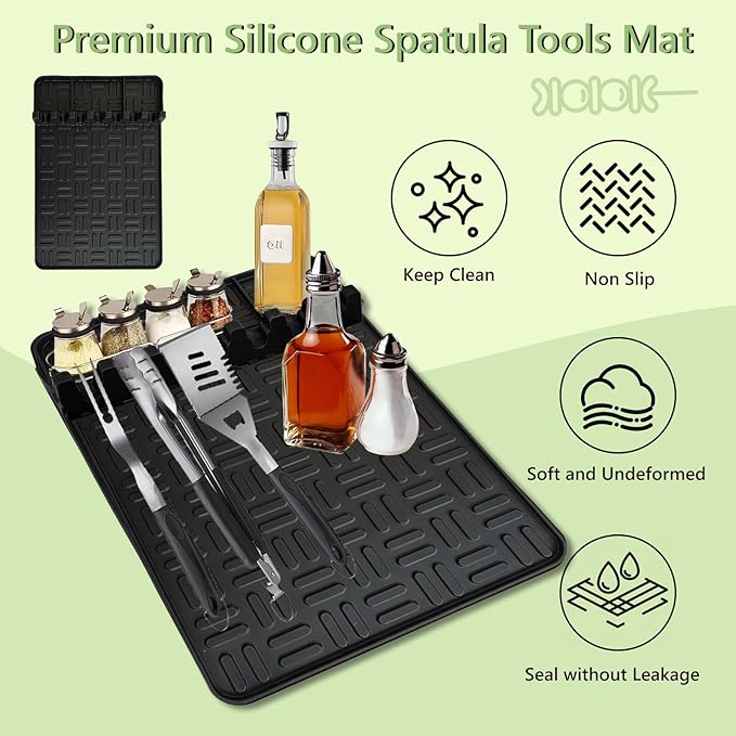 2PCS Silicone Griddle Tools, Large Spatula Mat with Drip Pad, Side Shelf Mat for Grill BBQ Accessories (Black, 15.35" x 10.63")