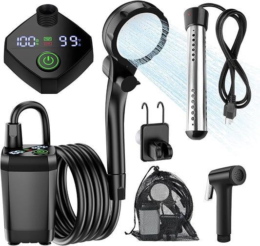 InkTrail Portable Camping Shower with Heater, Long-Lasting 6000mAh Rechargeable Camping Shower with Sprayer Head,4 Spray Modes,IPX7 Waterproof Outdoor Camp Pump for Hiking, Travel, Car, Pet