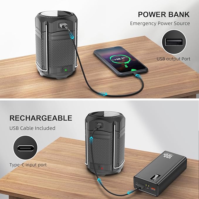 Camping Lantern 5000mAh Solar Hand Crank Telescopic LED Flashlight USB Charger for Power Outages ,Portable Rechargeable Battery Powered Operated Lanterns Lamp, Camping Gear Accessories (Black)