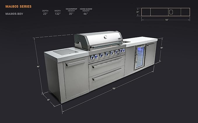 Mont Alpi MAi805-BEV 44-inch 6 Burner 115000 BTU Stainless Steel Modular Outdoor Kitchen Island Barbecue Grill with Beverage Center + White Granite Countertops + Outdoor Rated Refrigerator