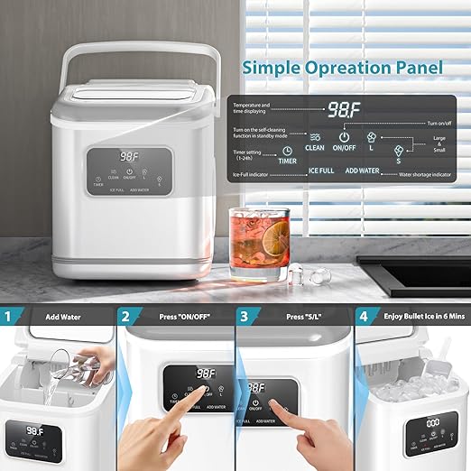 Ice Maker Machine countertop Self Cleaning Portable Compact Small Bullet Ice Maker with Digital Screen,9 Cubes in 6 Mins,26lbs in 24Hrs,for Camping Dorm Home Outdoor（White）