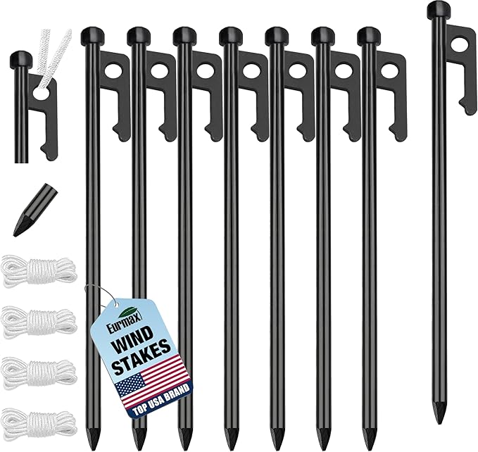 Eurmax USA 10 inch Multiuse Heavy Duty Steel Tent Stakes Tarp Pegs Camping Stakes for Outdoor Camping Canopy and tarp with 4 Ropes 10FT Length,8pcs(Black)