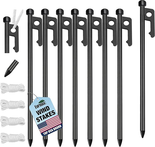 Eurmax USA 10 inch Multiuse Heavy Duty Steel Tent Stakes Tarp Pegs Camping Stakes for Outdoor Camping Canopy and tarp with 4 Ropes 10FT Length,8pcs(Black)