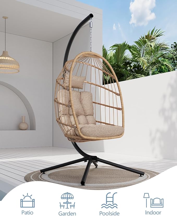 SWITTE Egg Chair Outdoor with Stand, Indoor Wicker Hanging Egg Swing Chair with Cushion, 350lbs Capacity for Patio, Bedroom, Garden - Cream