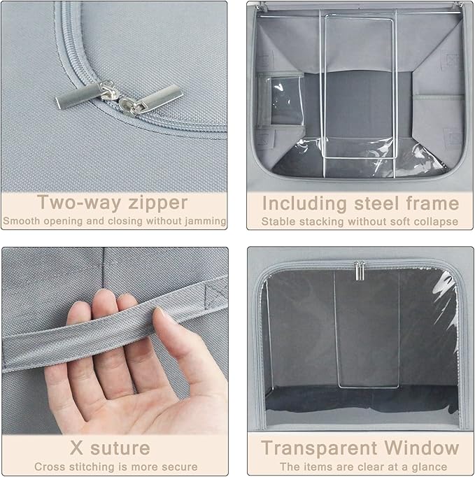 Clothes Storage Box Bins Stackable Foldable Organizer,Sturdy Handles with Metal Frame for Clothing Bedding Shelves,Closet Container with Clear Window Zipper and Label Holder (Gray, 66L x3 Pack)
