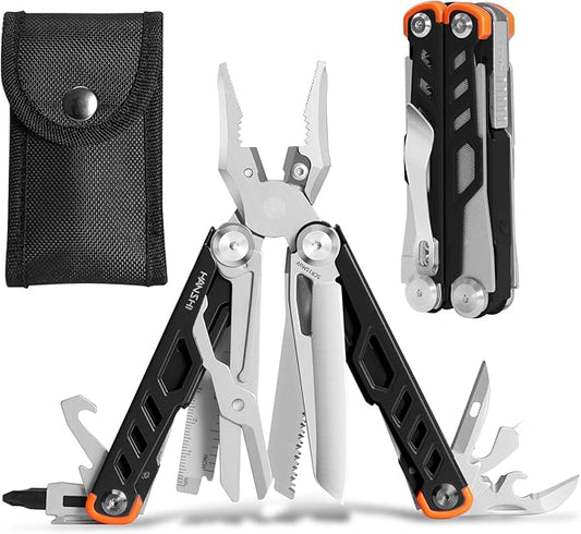 HANSHI 15 in 1 Multitool Pliers with Scissors, Upgraded Heavy Duty Stainless Steel Multi Tool with YG10 Tungsten Steel Replaceable Wire Cutters for Survival, Camping, Hiking,Repair and Gift (Black)