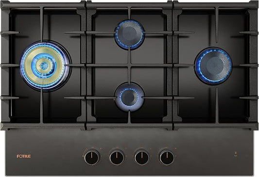 FOTILE GLG30401-Y 30” Moonshadow Tempered Glass 4 Gas Cooktop, Tri-Ring 18,000 BTUs Center Burner with Flame Failure Protection Removable Grates and Installation/LP Kit