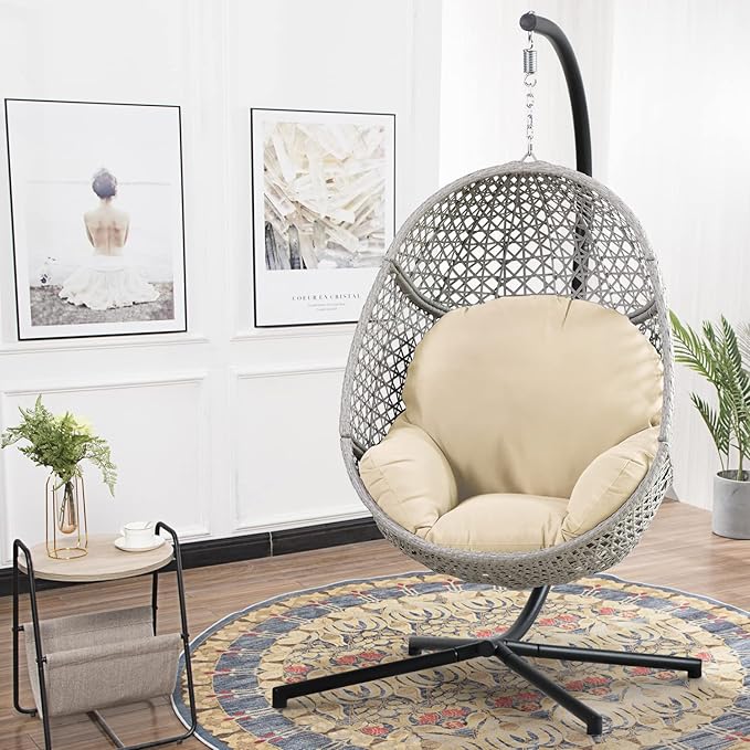 PRIVATE GARDEN Large Hanging Egg Chair with Stand Upgraded Wicker Egg Swing Chair Outdoor Indoor PE Rattan Hanging Chair with Beige Comfort Cushion Heavy Duty C-Stand