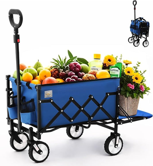 Folding Wagon Cart with Wheels and Tailgate, 330 lbs 120 l Capacity, Adjustable Handle, Portable Collapsible Utility Wagon Cart for Groceries, Outdoor Camping, Shopping, Garden (Blue)