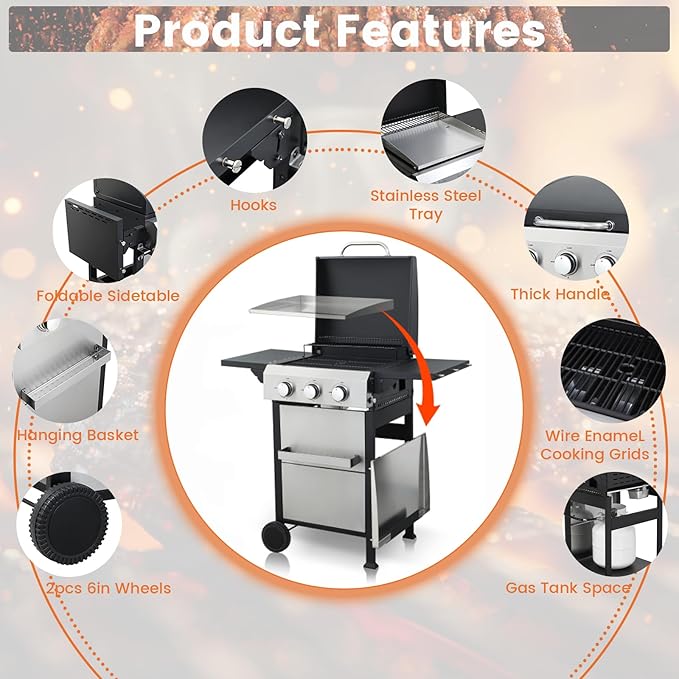 3-Burner Propane Gas BBQ Grill, SS Plancha, 36900BTU Stainless Steel Barbecue Grill With Wire Enamel Cooking Grids Foldable Side Table for Outdoor Camping (Style7: 3-Burner with SS Plancha)